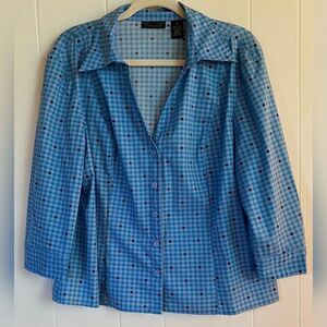 Apostrophe Blouse Women’s 18 Blue Plaid Stretch Cotton Blend 3/4 Sleeves Cowgirl